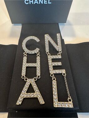 CHANEL Silver Crystal Logo Drop Earrings